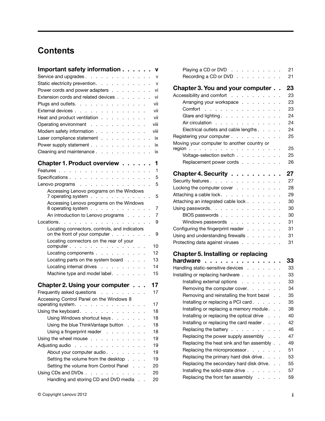 Lenovo 2011, 2112, 2111, 2110, 1663, 1565, 1662, 1562, 1766, 1765 manual Contents 