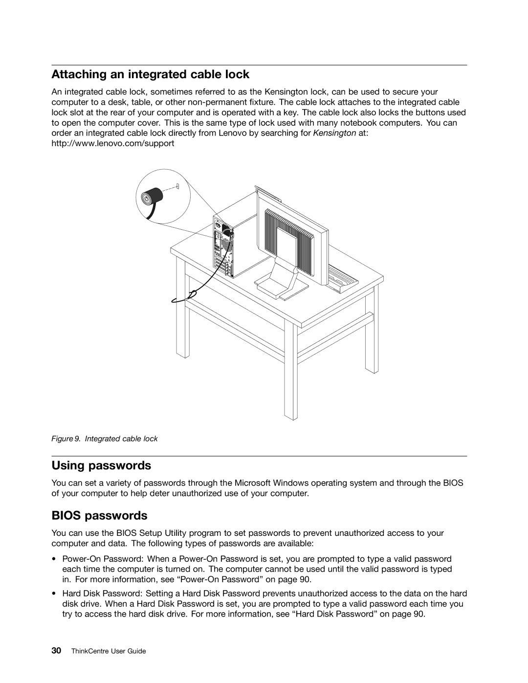 Lenovo 2110, 2112, 2111, 2011, 1663, 1565, 1662, 1562, 1766 Attaching an integrated cable lock, Using passwords, Bios passwords 