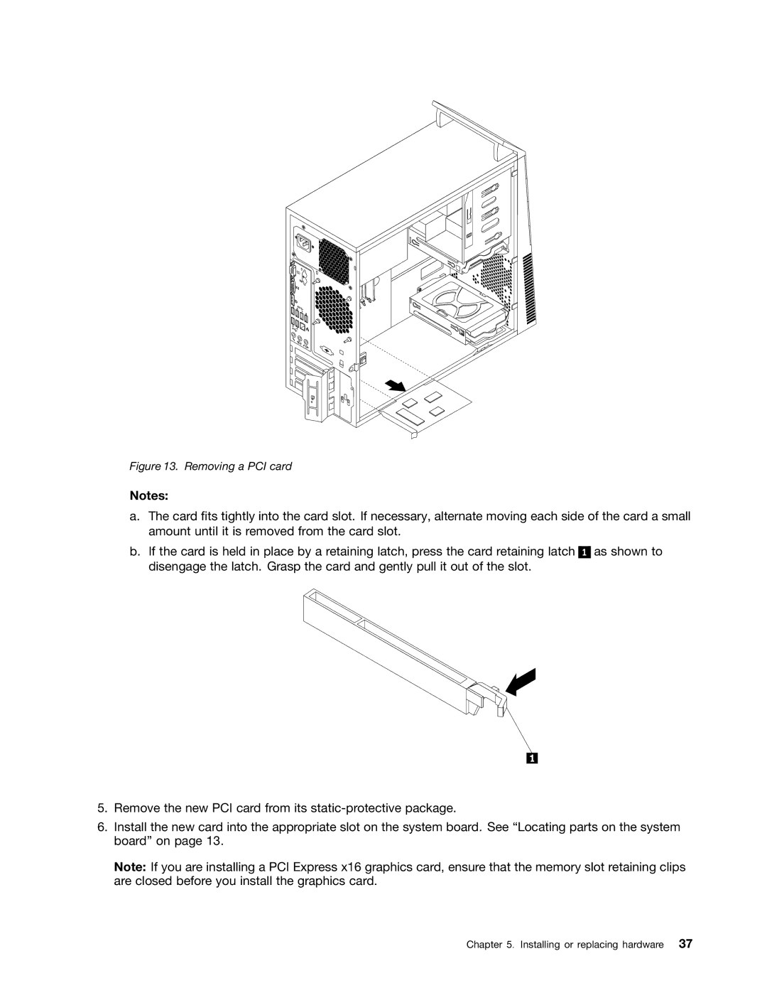 Lenovo 1765, 2112, 2111, 2110, 2011, 1663, 1565, 1662, 1562, 1766 manual Removing a PCI card 