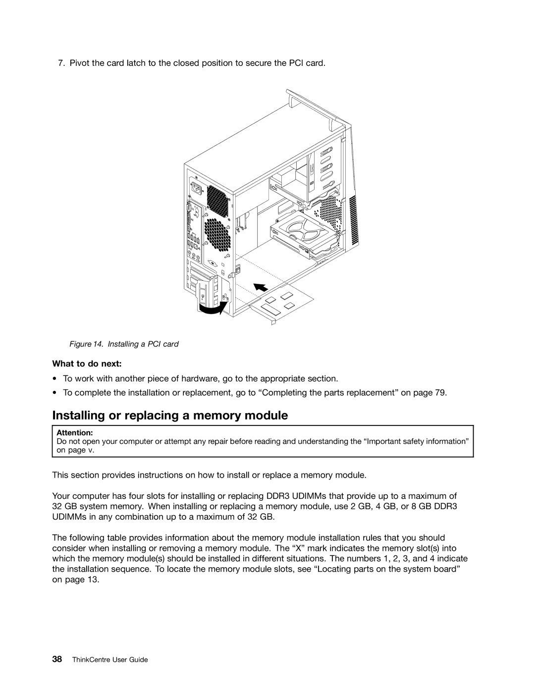 Lenovo 2112, 2111, 2110, 2011, 1663, 1565, 1662, 1562, 1766, 1765 Installing or replacing a memory module, Installing a PCI card 