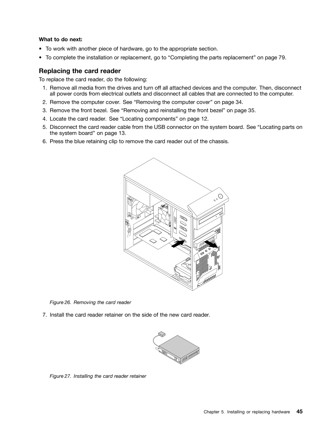 Lenovo 1562, 2112, 2111, 2110, 2011, 1663, 1565, 1662, 1766, 1765 manual Replacing the card reader, Removing the card reader 