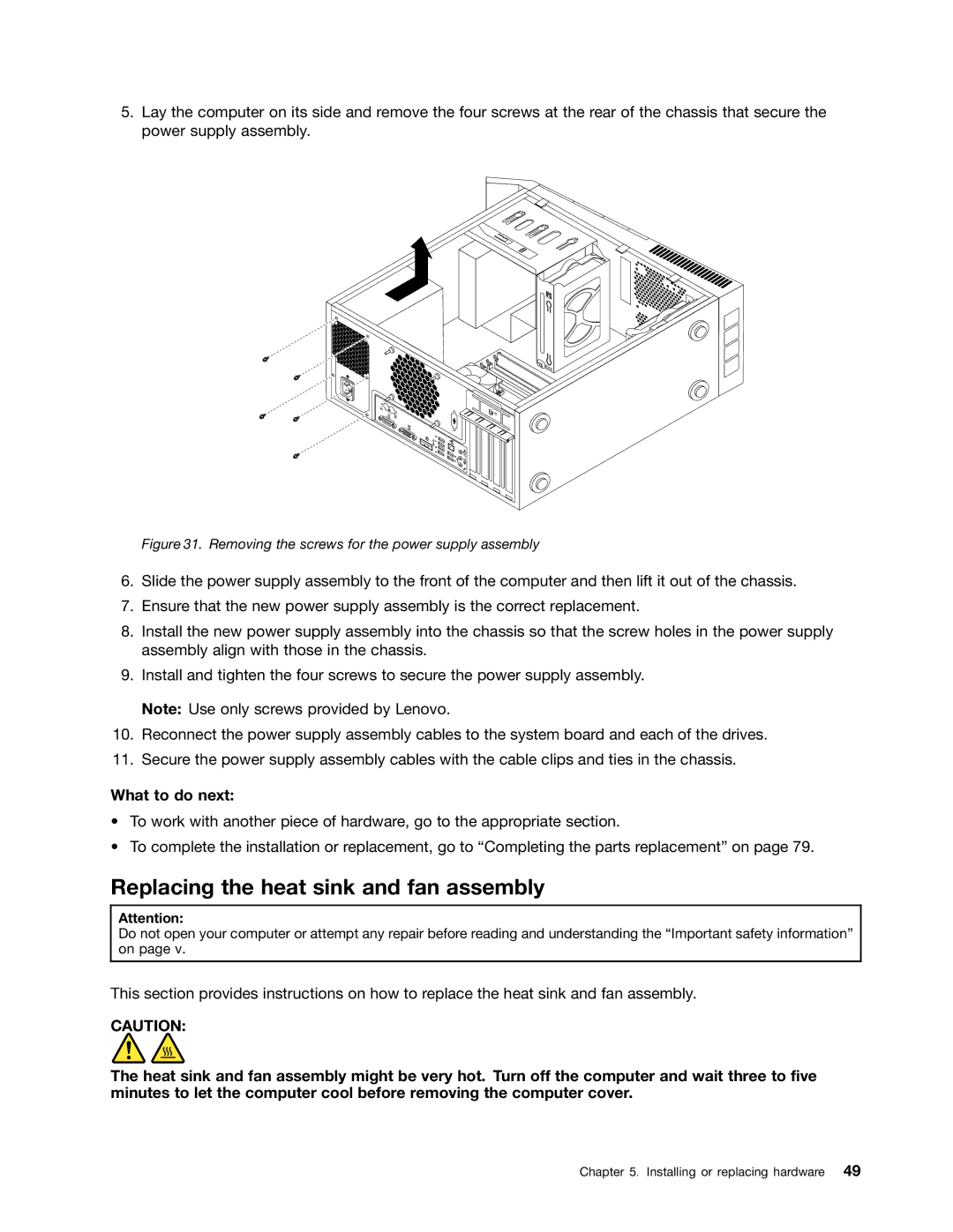 Lenovo 2111, 2112, 2110, 2011 Replacing the heat sink and fan assembly, Removing the screws for the power supply assembly 