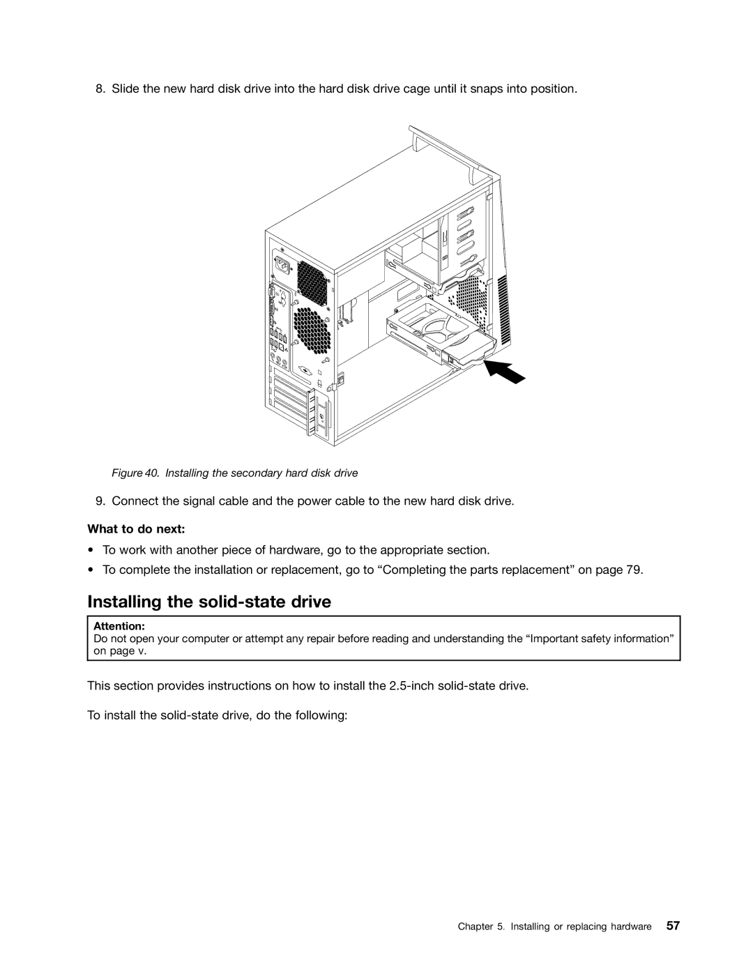 Lenovo 1765, 2112, 2111, 2110, 2011, 1663, 1565, 1662 Installing the solid-state drive, Installing the secondary hard disk drive 