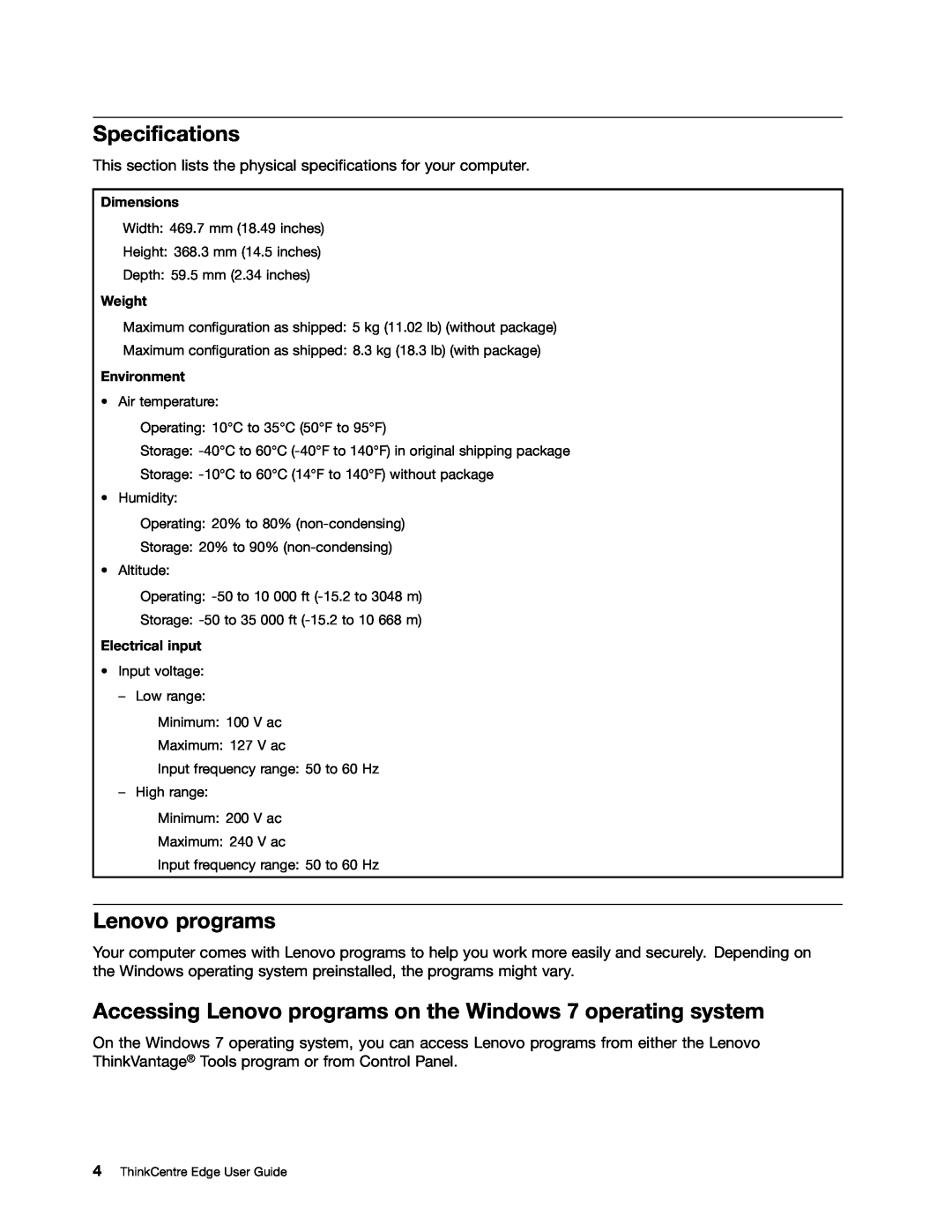Lenovo 2117EKU manual Specifications, Accessing Lenovo programs on the Windows 7 operating system 