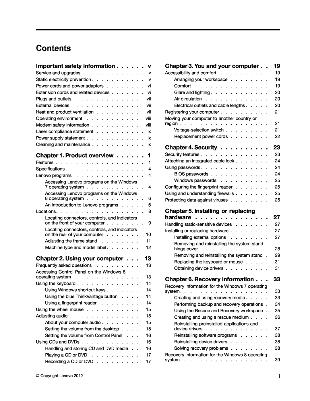 Lenovo 2117EKU manual Contents, Important safety information, Product overview, Using your computer, You and your computer 