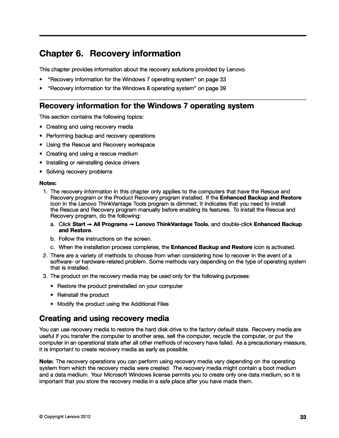 Lenovo 2117EKU manual Recovery information for the Windows 7 operating system, Creating and using recovery media 