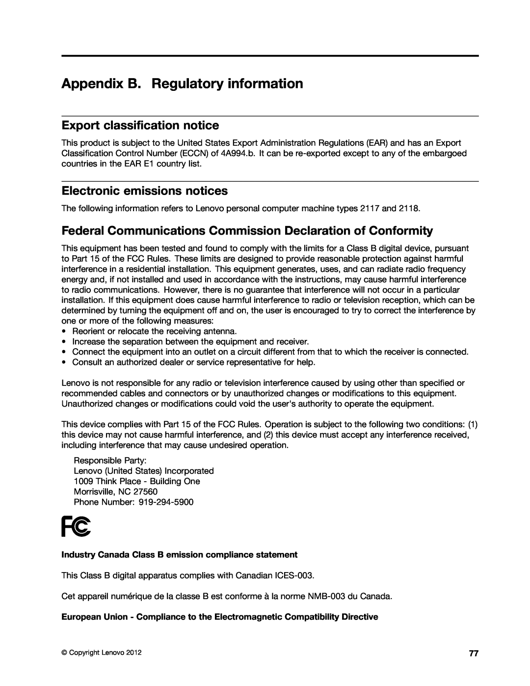 Lenovo 2117EKU manual Appendix B. Regulatory information, Export classification notice, Electronic emissions notices 
