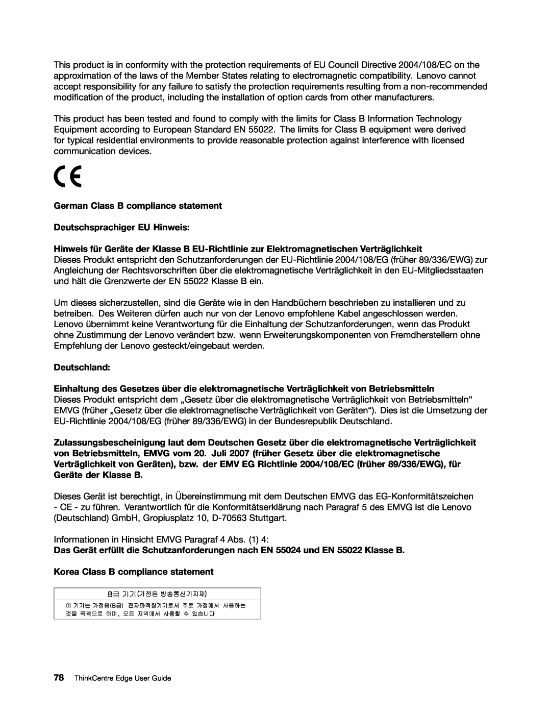 Lenovo 2117EKU manual German Class B compliance statement Deutschsprachiger EU Hinweis, Deutschland 