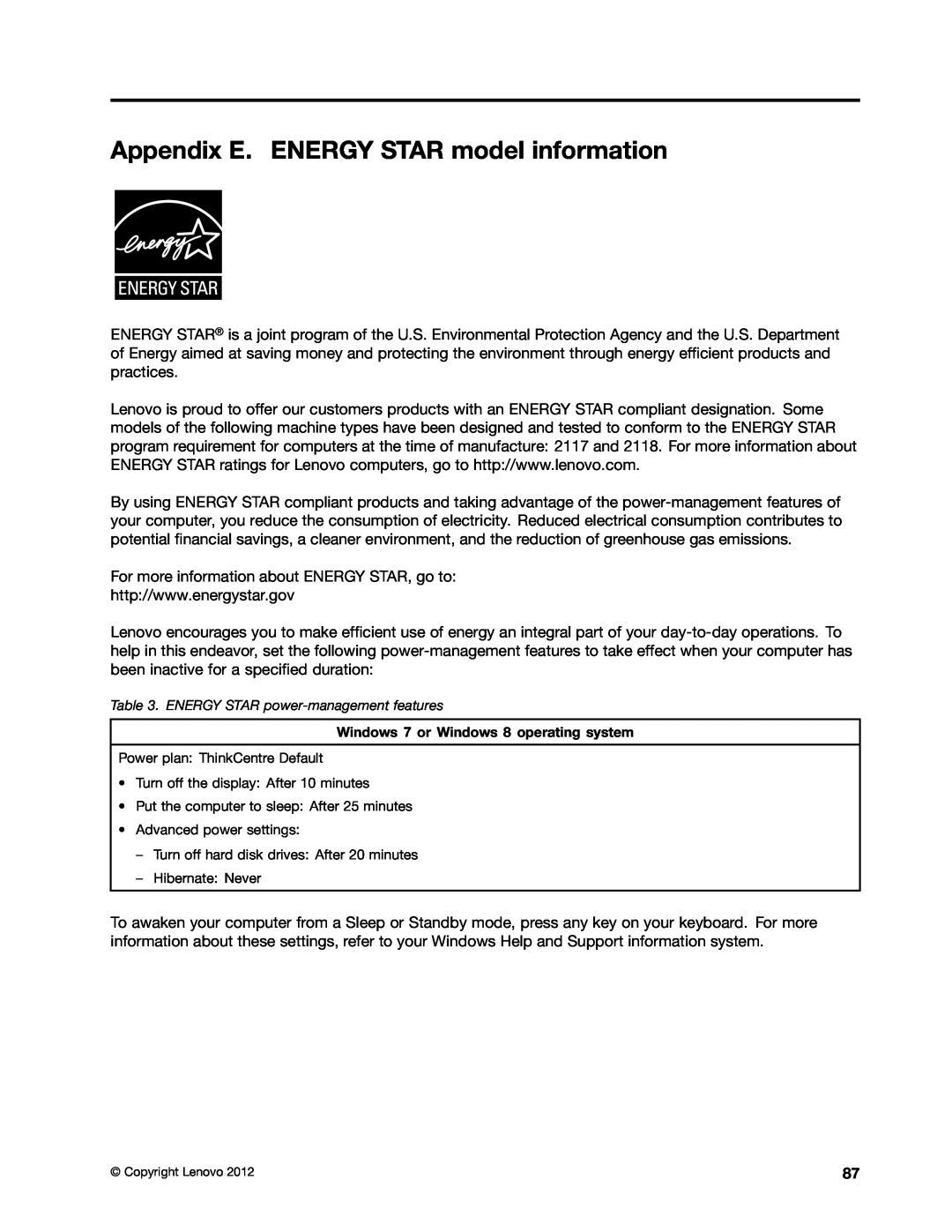 Lenovo 2117EKU manual Appendix E. ENERGY STAR model information 