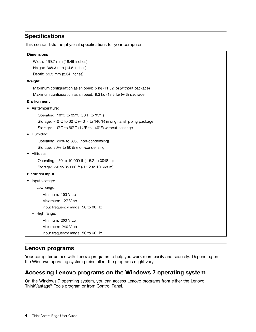 Lenovo 2117EKU manual Specifications, Accessing Lenovo programs on the Windows 7 operating system 