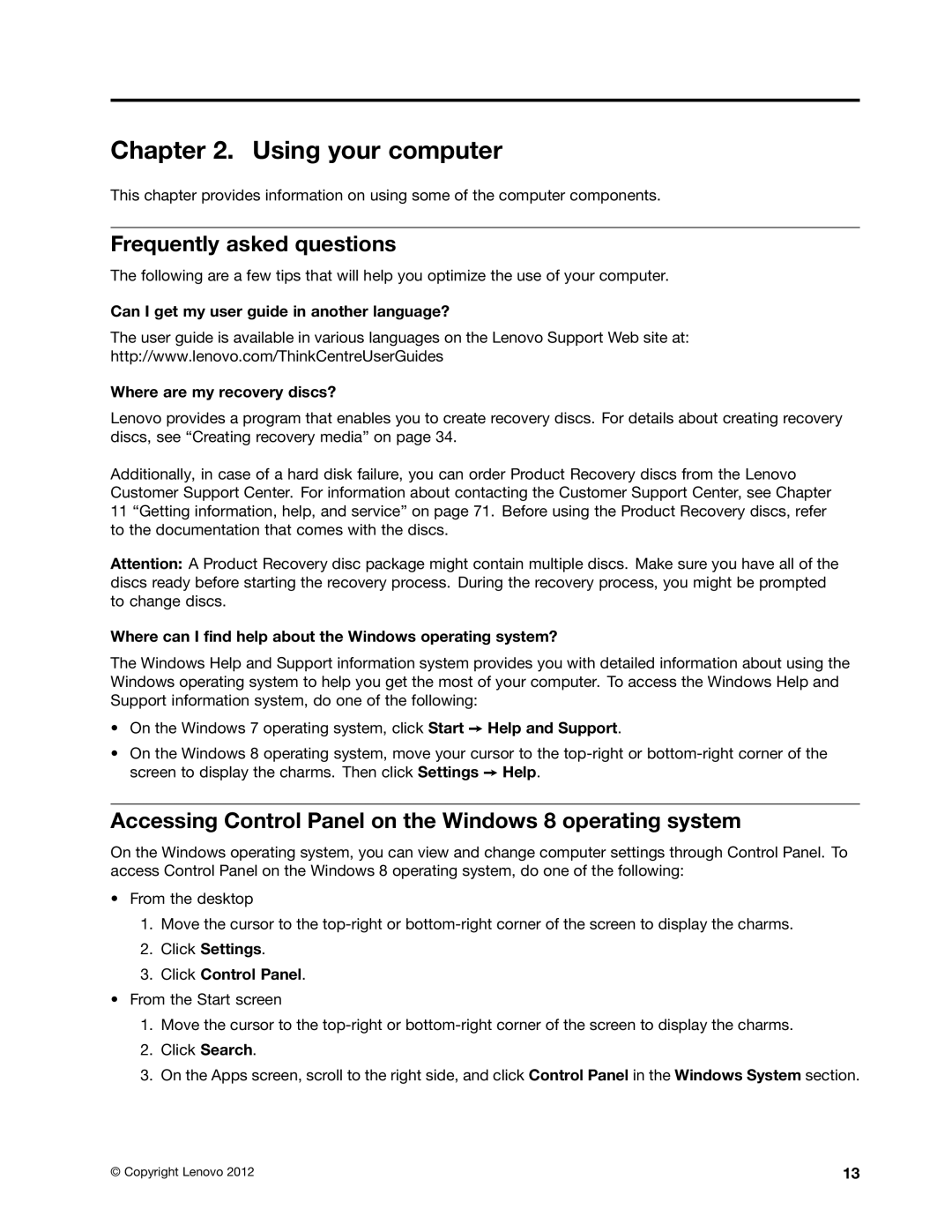 Lenovo 2117EKU Using your computer, Frequently asked questions, Accessing Control Panel on the Windows 8 operating system 