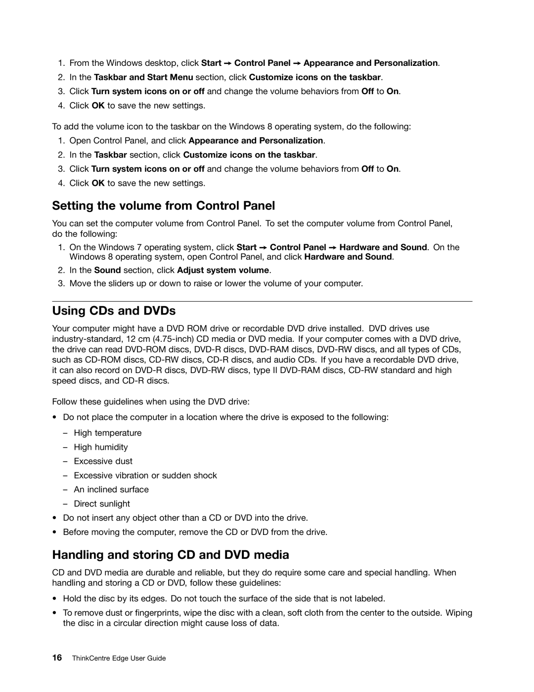 Lenovo 2117EKU manual Setting the volume from Control Panel, Using CDs and DVDs, Handling and storing CD and DVD media 