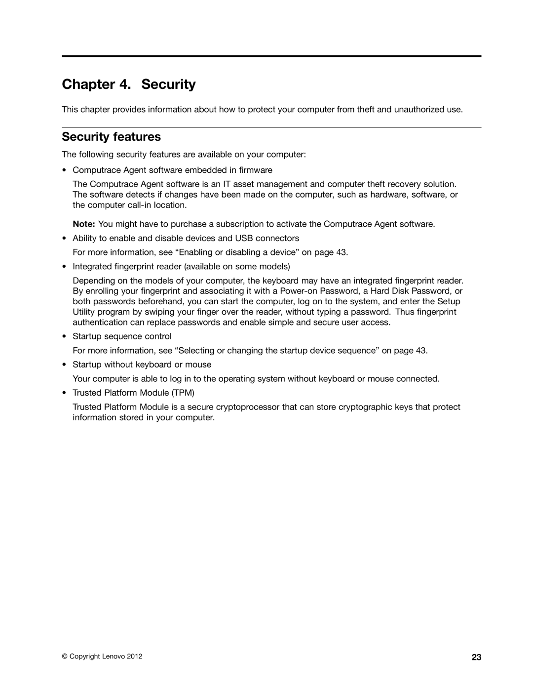 Lenovo 2117EKU manual Security features 