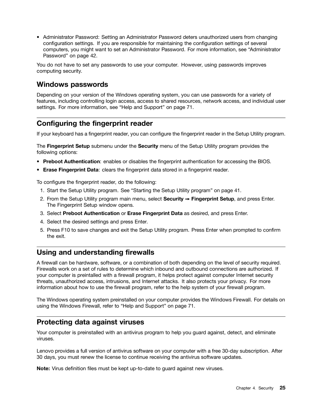 Lenovo 2117EKU manual Windows passwords, Configuring the fingerprint reader, Using and understanding firewalls 