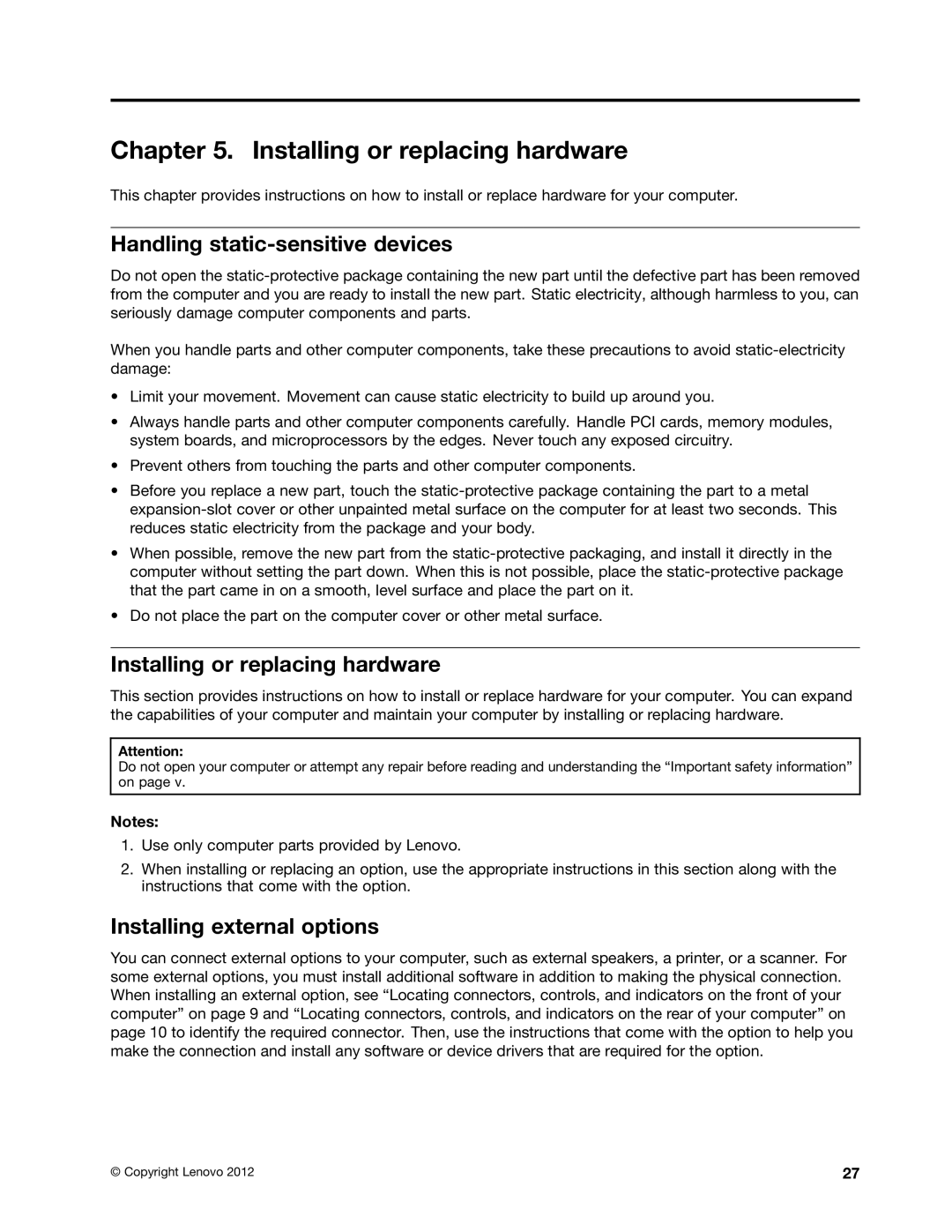 Lenovo 2117EKU manual Installing or replacing hardware, Handling static-sensitive devices, Installing external options 