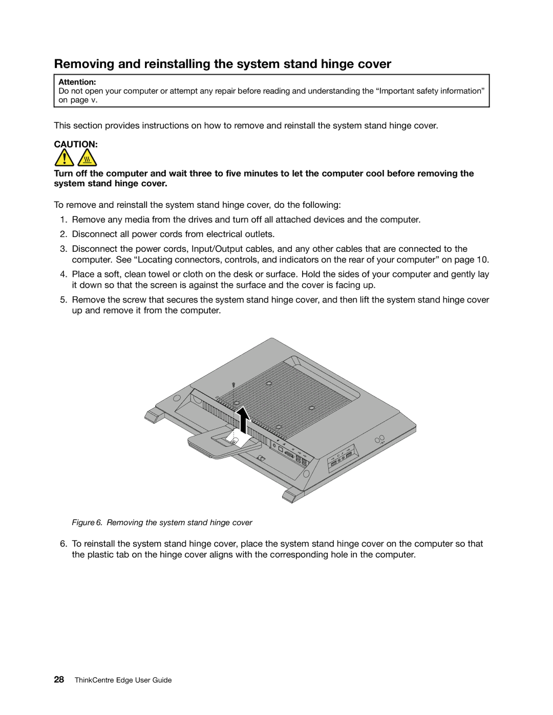 Lenovo 2117EKU manual Removing and reinstalling the system stand hinge cover, Removing the system stand hinge cover 