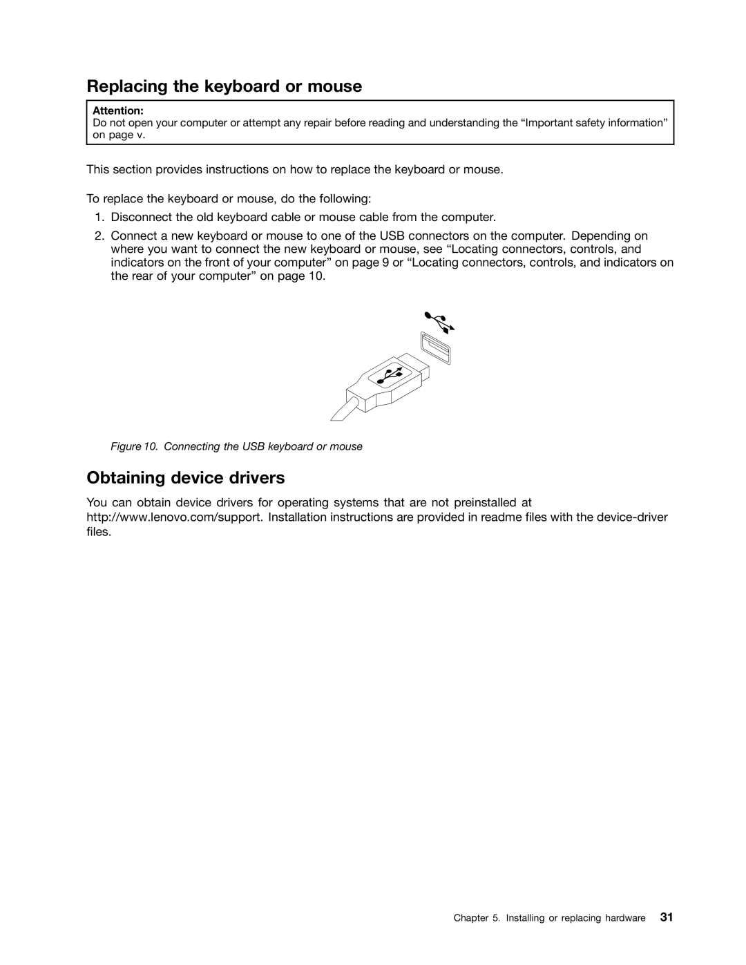 Lenovo 2117EKU manual Replacing the keyboard or mouse, Obtaining device drivers 