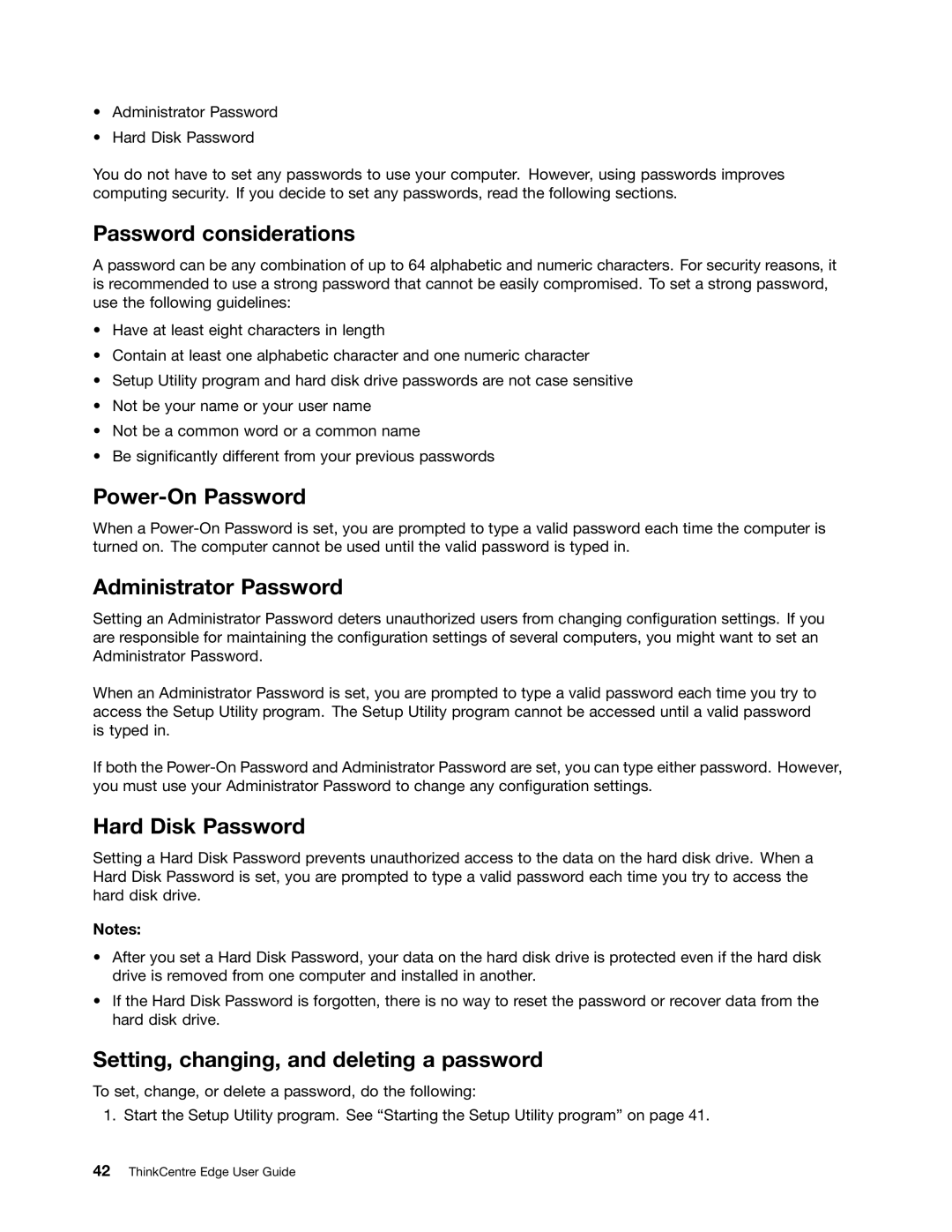 Lenovo 2117EKU manual Password considerations, Power-On Password, Administrator Password, Hard Disk Password 