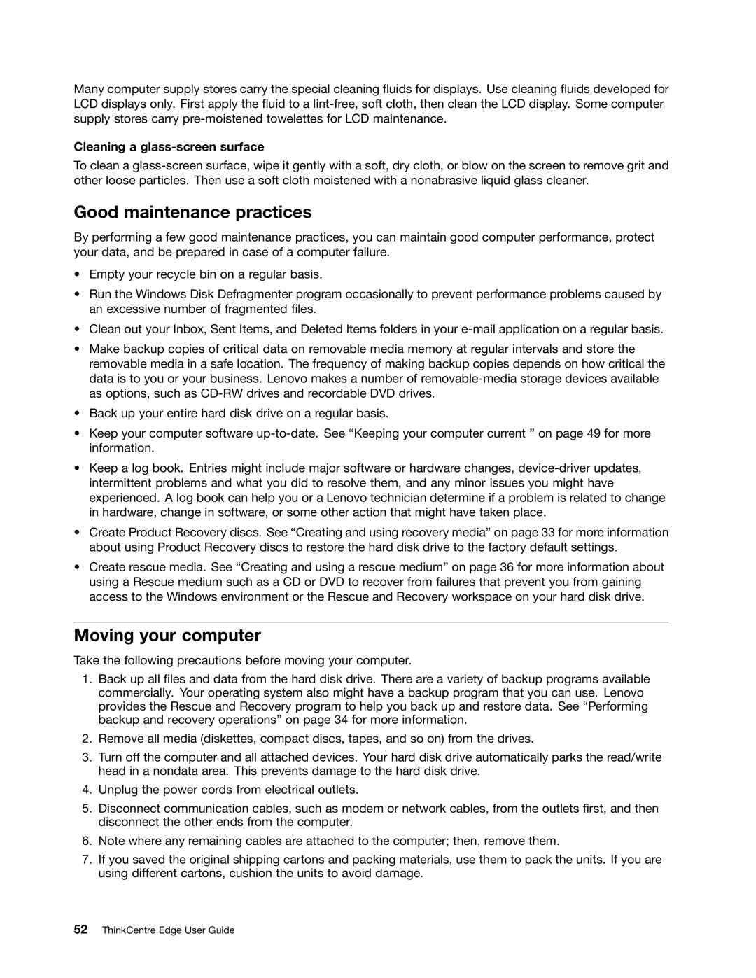 Lenovo 2117EKU manual Good maintenance practices, Moving your computer, Cleaning a glass-screen surface 