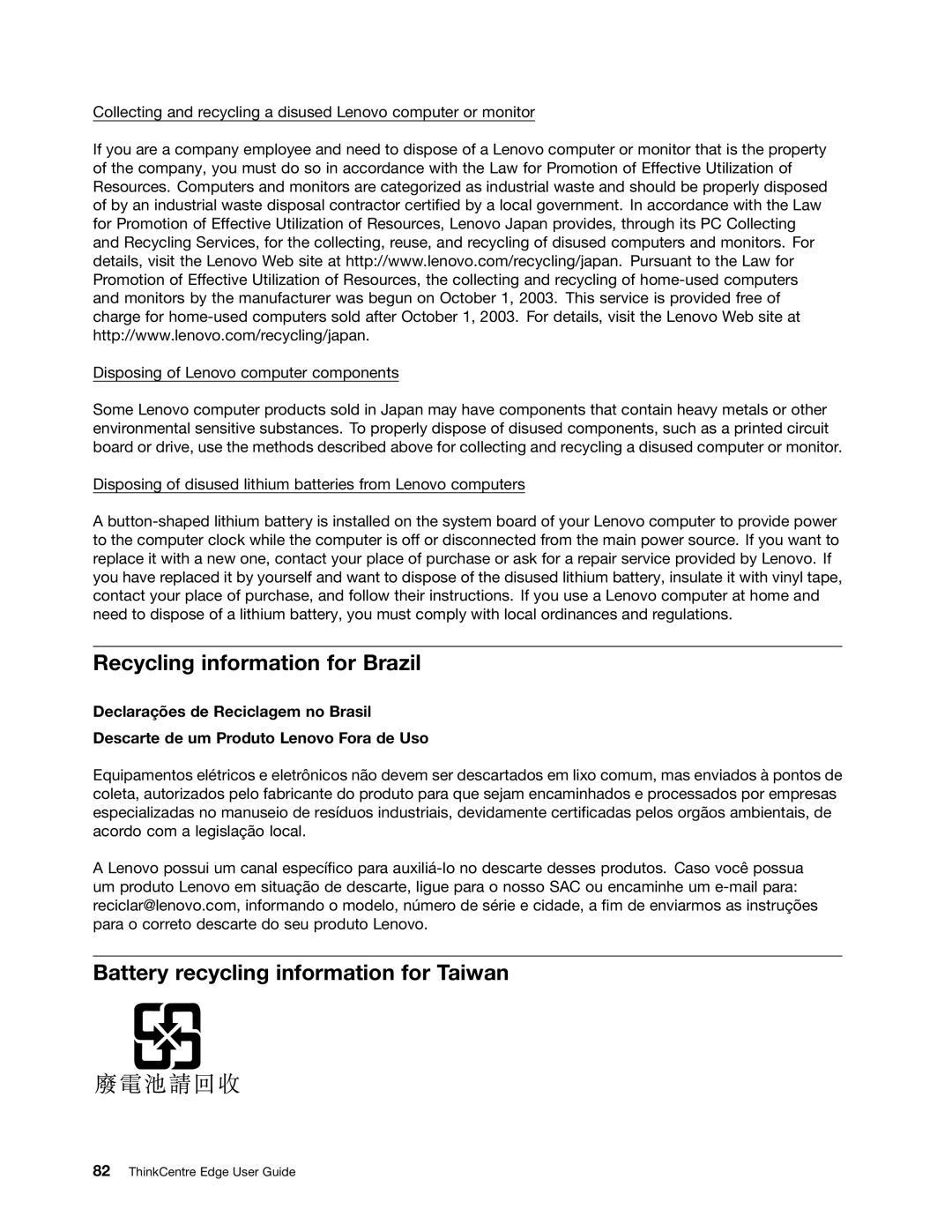 Lenovo 2117EKU manual Recycling information for Brazil, Battery recycling information for Taiwan 