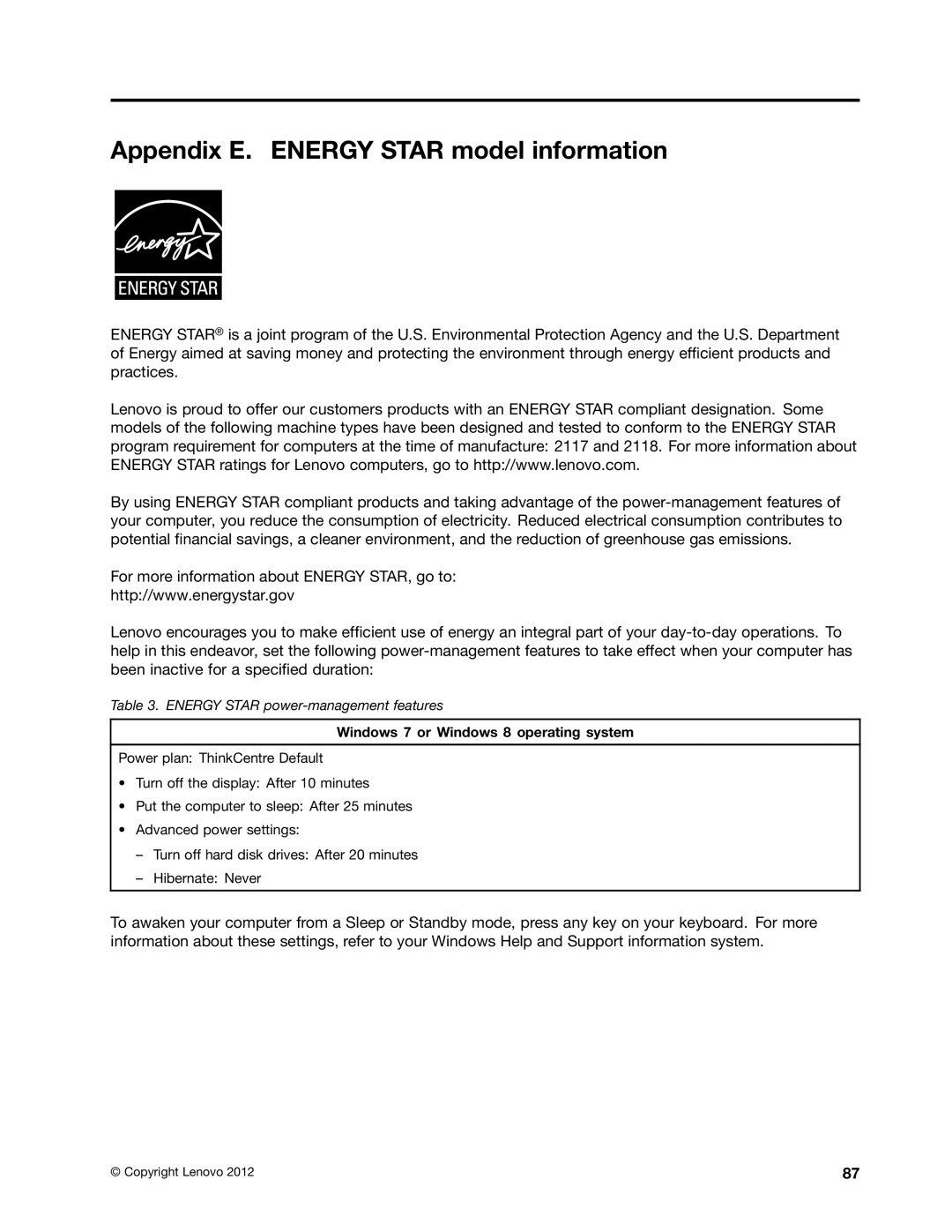 Lenovo 2117EKU manual Appendix E. Energy Star model information, Windows 7 or Windows 8 operating system 