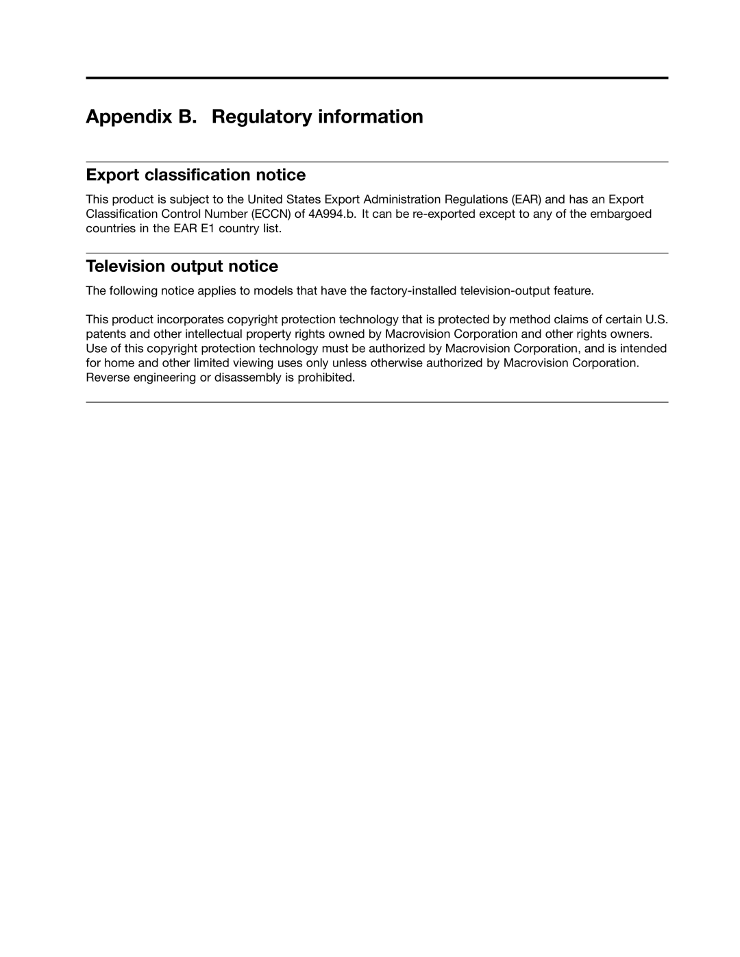 Lenovo 2221, 2224, 2226, 2208 Appendix B. Regulatory information, Export classification notice, Television output notice 