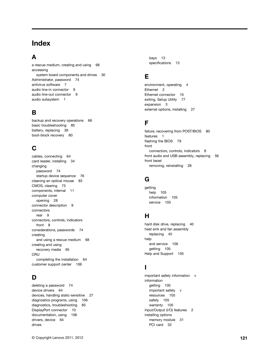 Lenovo 2221, 2224, 2226, 2208, 2209, 2227, 2010, 1996, 2002, 1997 manual Index, 121 