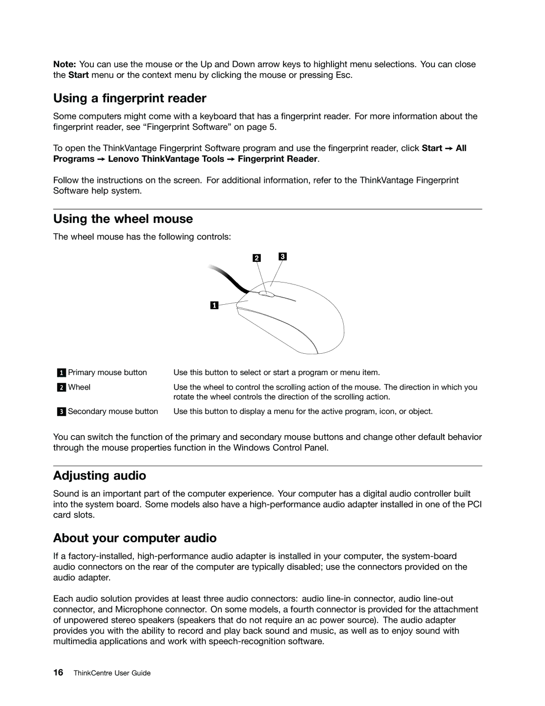 Lenovo 2002, 2224, 2226, 2208 Using a fingerprint reader, Using the wheel mouse, Adjusting audio, About your computer audio 