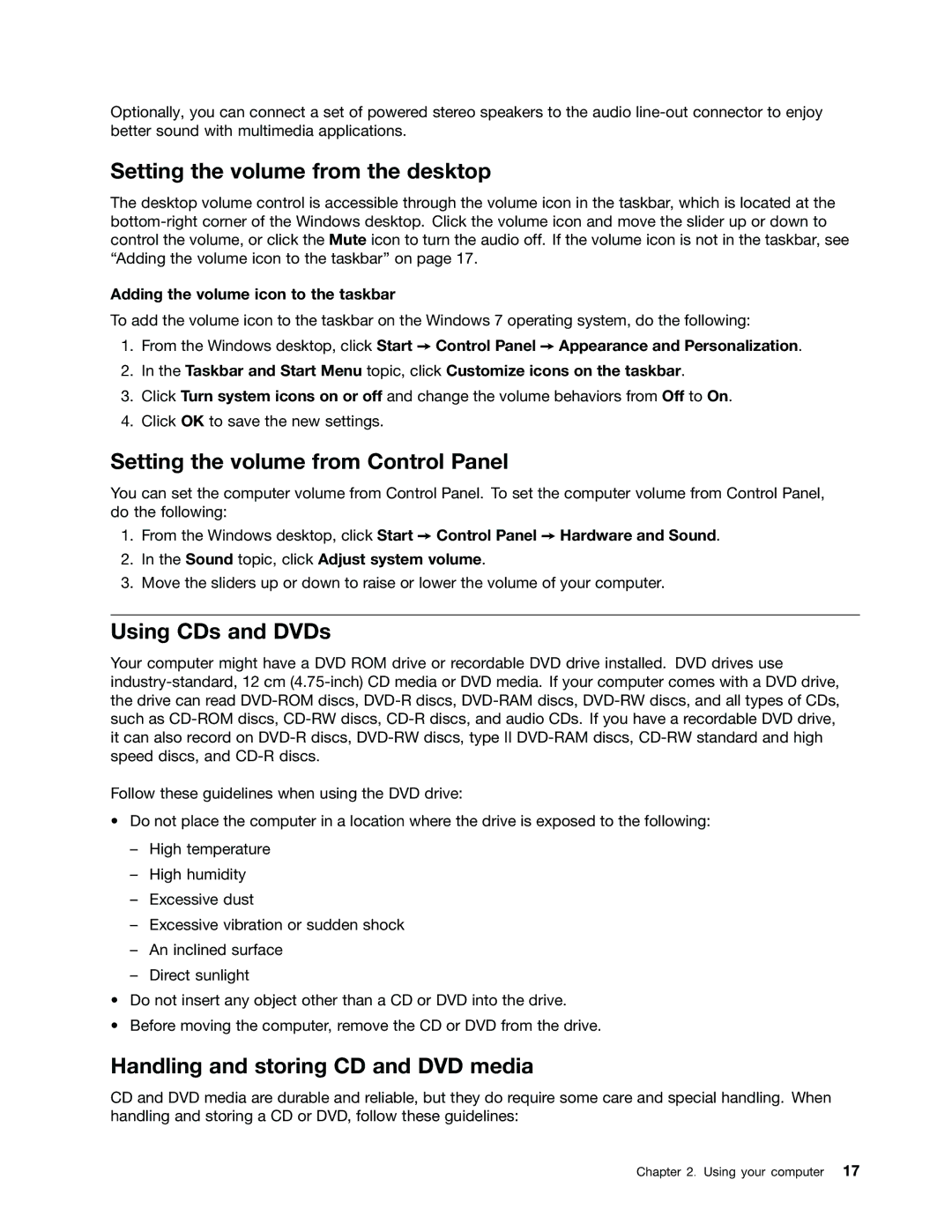 Lenovo 1997, 2224, 2226, 2208 Setting the volume from the desktop, Setting the volume from Control Panel, Using CDs and DVDs 