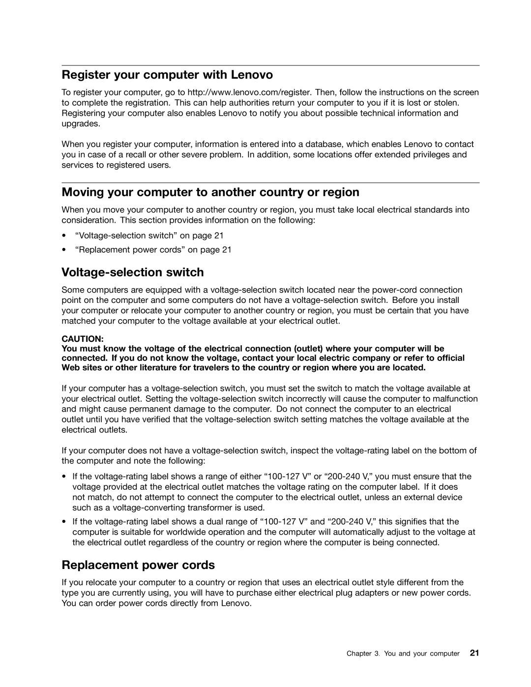Lenovo 2221 Register your computer with Lenovo, Moving your computer to another country or region, Replacement power cords 