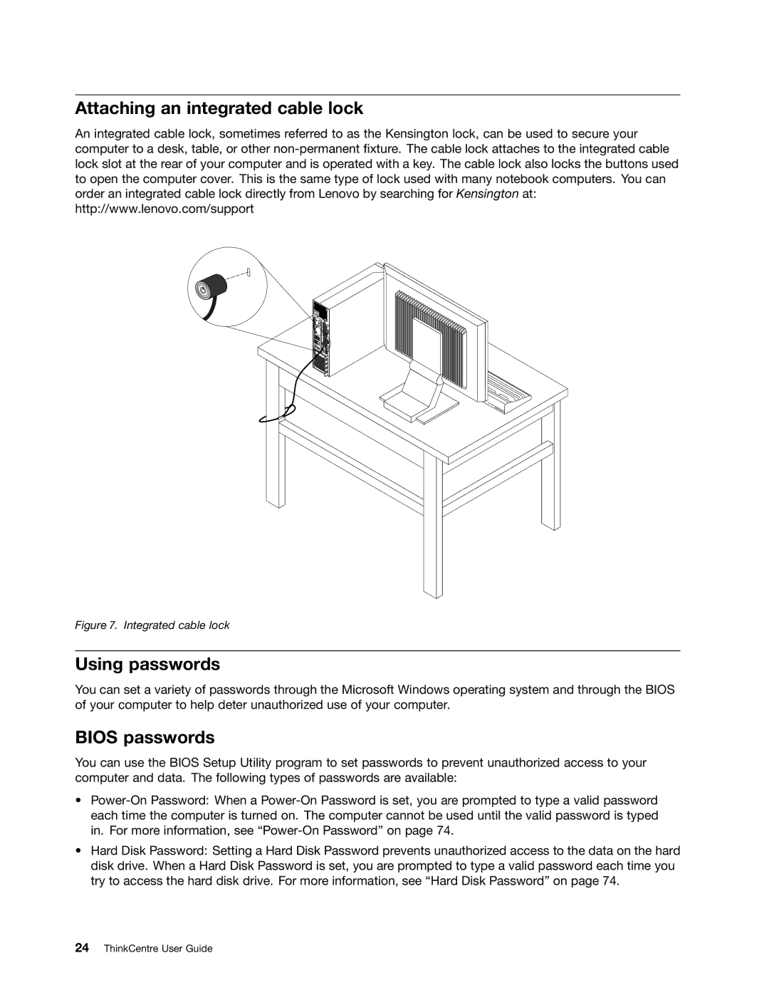 Lenovo 2010, 2224, 2226, 2208, 2221, 2209, 2227, 1996, 2002 Attaching an integrated cable lock, Using passwords, Bios passwords 