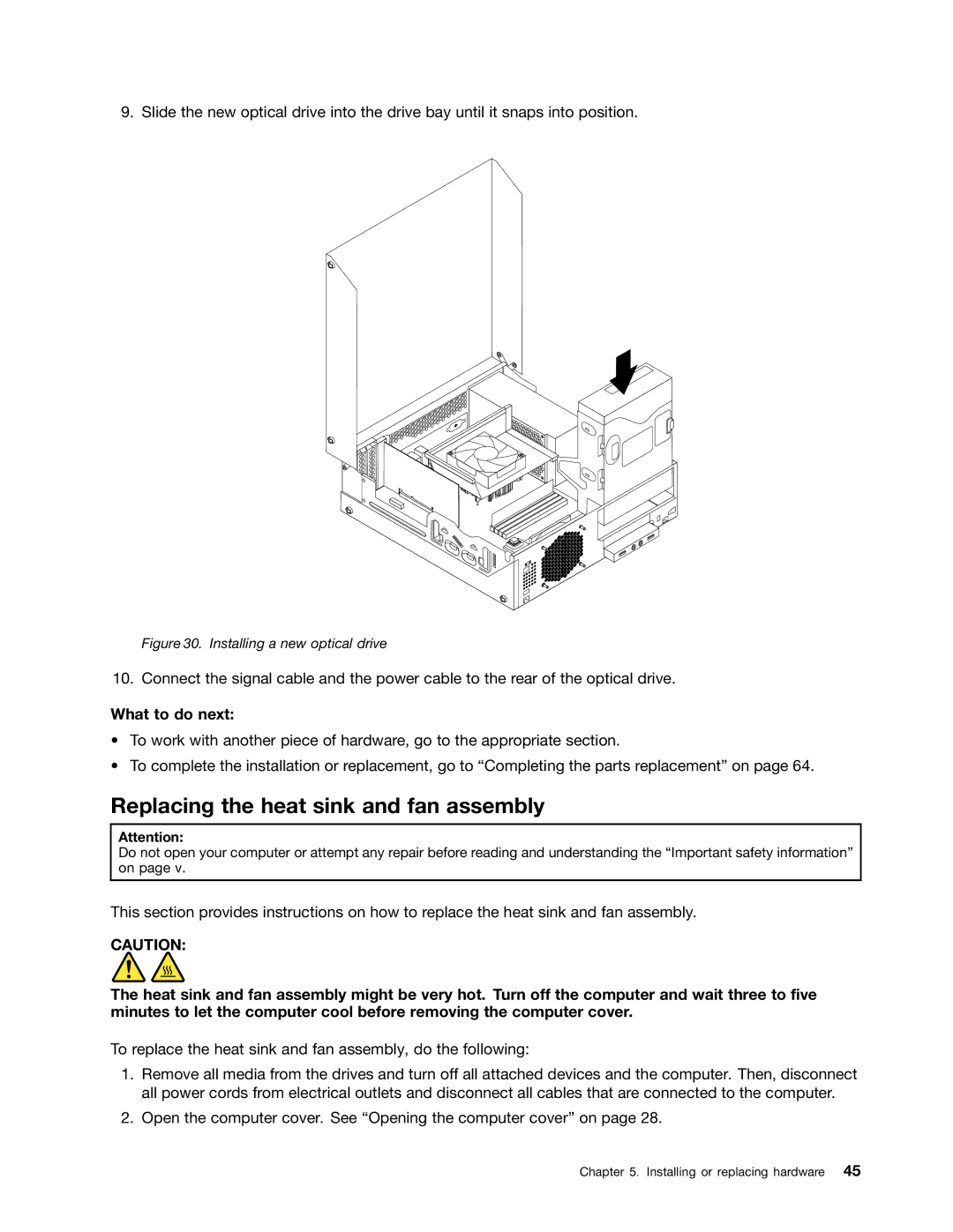 Lenovo 1996, 2224, 2226, 2208, 2221, 2209, 2227, 2010 Replacing the heat sink and fan assembly, Installing a new optical drive 