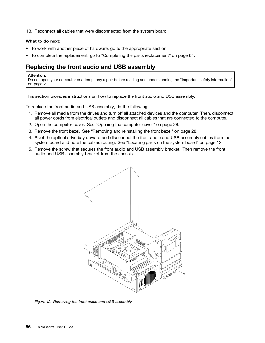 Lenovo 2002, 2224, 2226, 2208, 2221 Replacing the front audio and USB assembly, Removing the front audio and USB assembly 