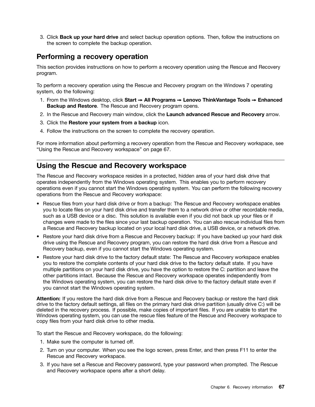 Lenovo 1997, 2224, 2226, 2208, 2221, 2209, 2227, 2010 Performing a recovery operation, Using the Rescue and Recovery workspace 