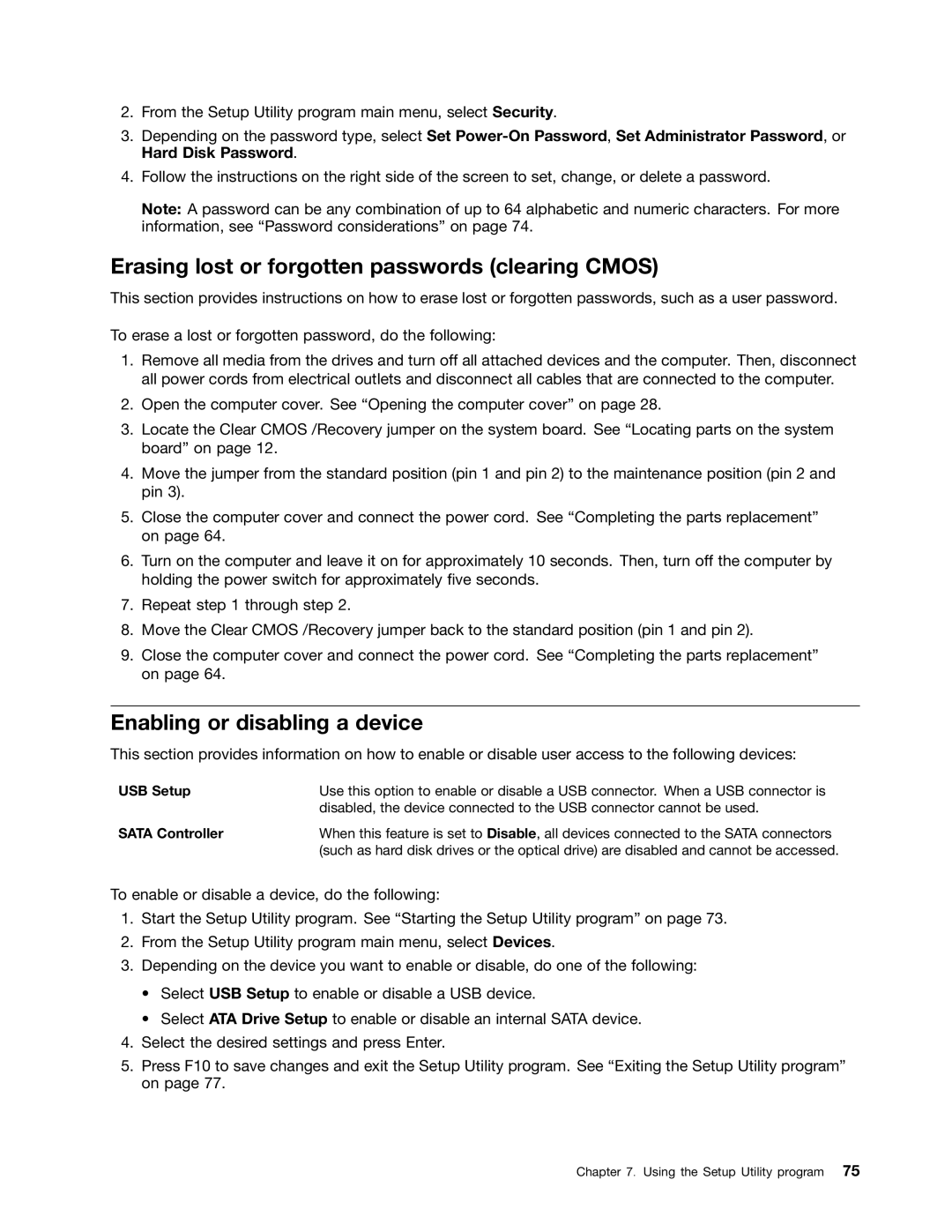 Lenovo 1996, 2224, 2226, 2208, 2221, 2209 Erasing lost or forgotten passwords clearing Cmos, Enabling or disabling a device 