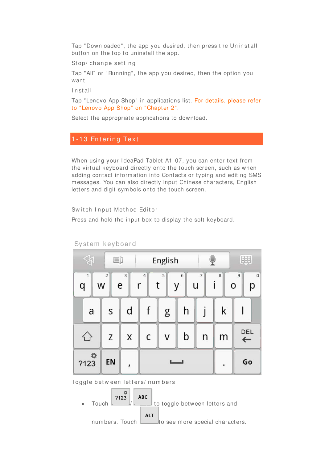 Lenovo 22282EU manual Entering Text, System keyboard 