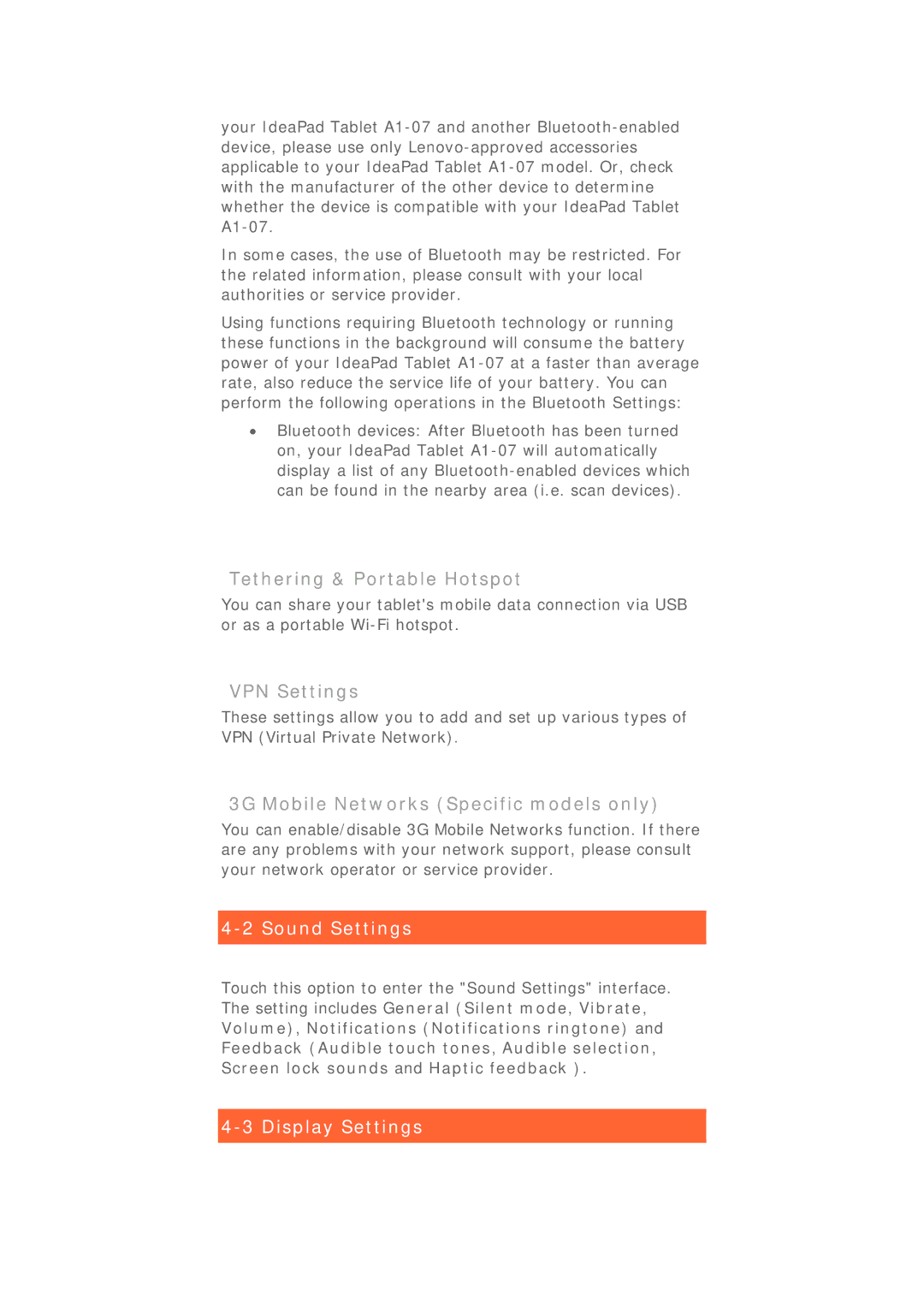Lenovo 22282EU manual Tethering & Portable Hotspot, VPN Settings, 3G Mobile Networks Specific models only, Sound Settings 