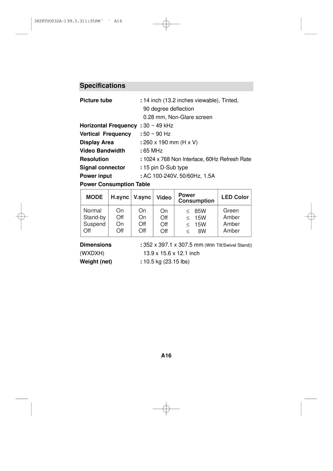 Lenovo 04N7323 Picture tube, Horizontal Frequency 30 ~ 49 kHz Vertical Frequency, Display Area, Video Bandwidth, Sync, A16 