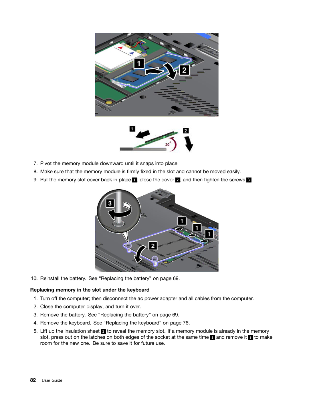 Lenovo 2344BMU manual Replacing memory in the slot under the keyboard 