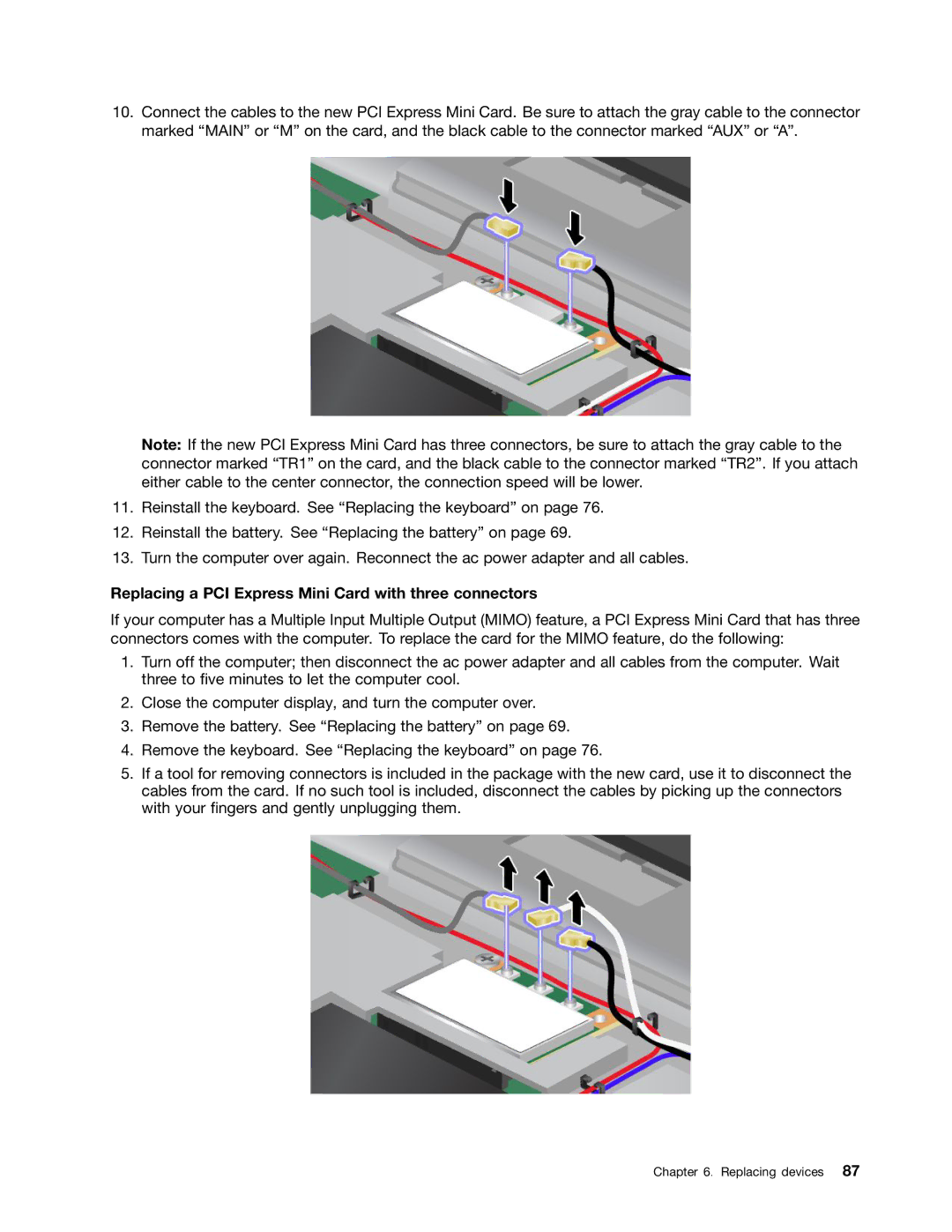 Lenovo 2344BMU manual Replacing a PCI Express Mini Card with three connectors 