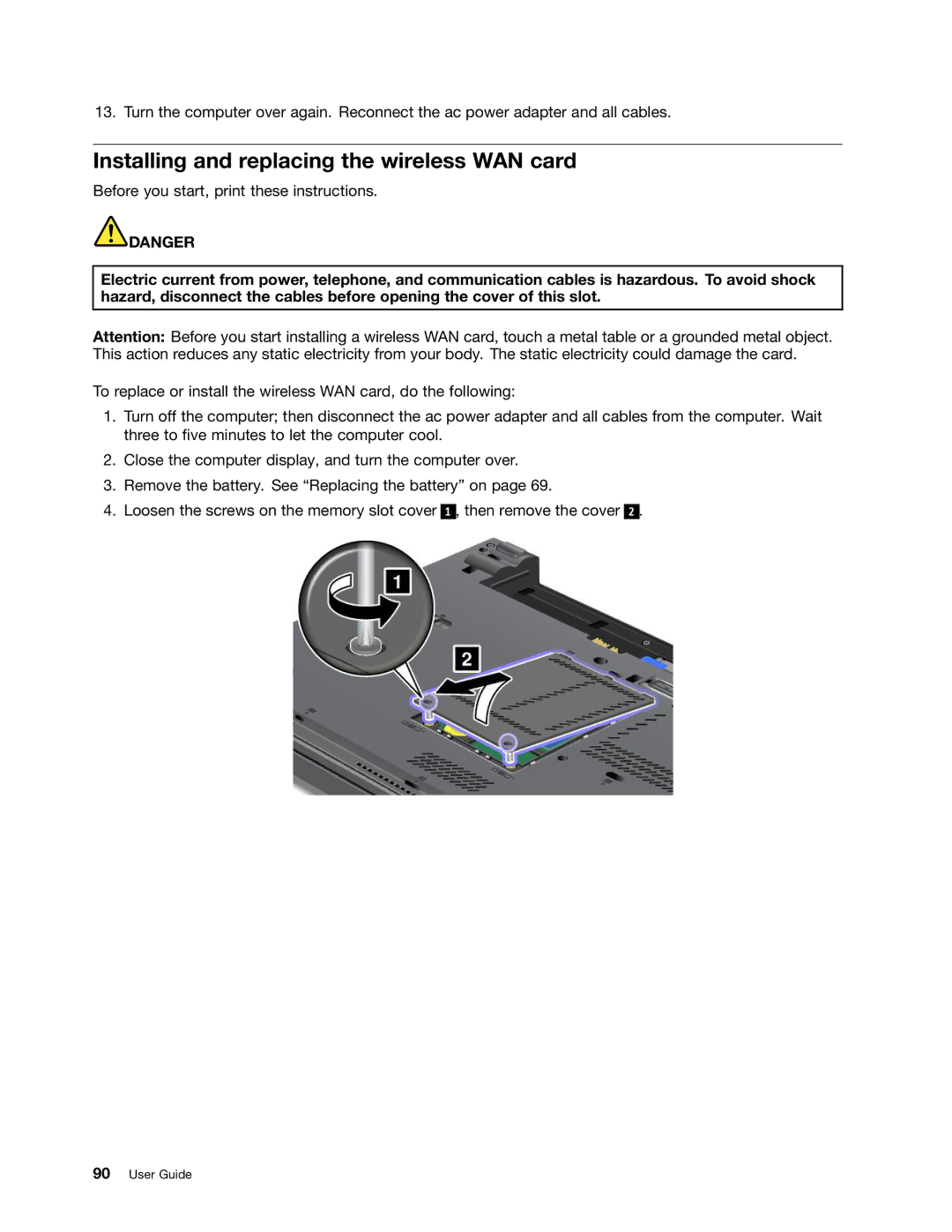 Lenovo 2344BMU manual Installing and replacing the wireless WAN card 