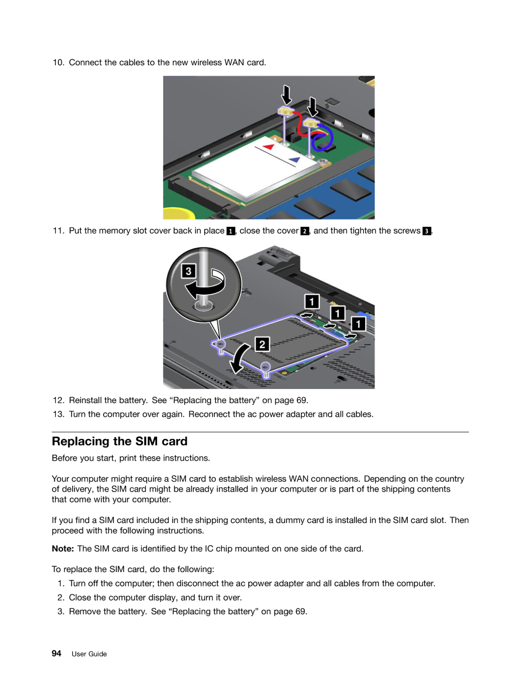 Lenovo 2344BMU manual Replacing the SIM card 