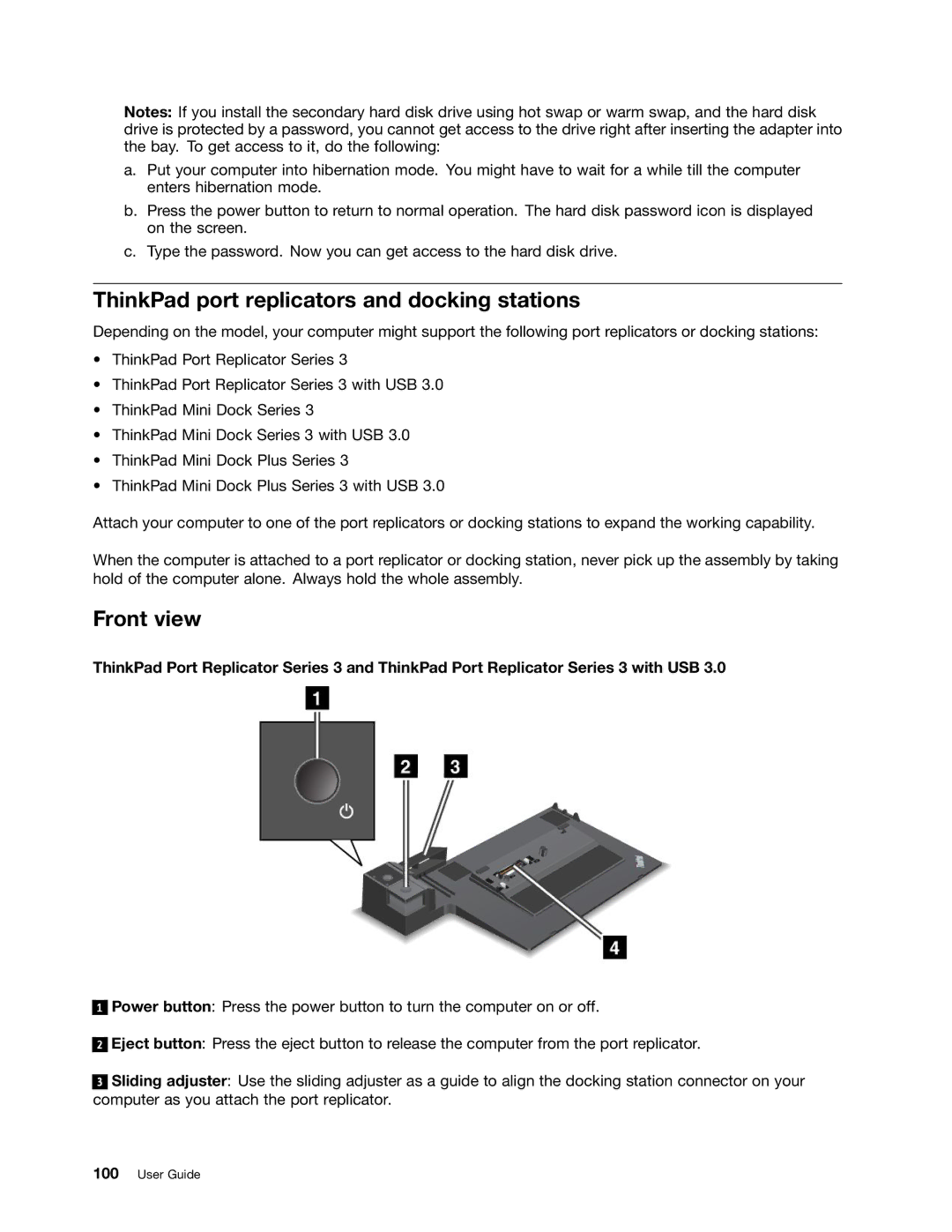 Lenovo 2344BMU manual ThinkPad port replicators and docking stations, Front view 