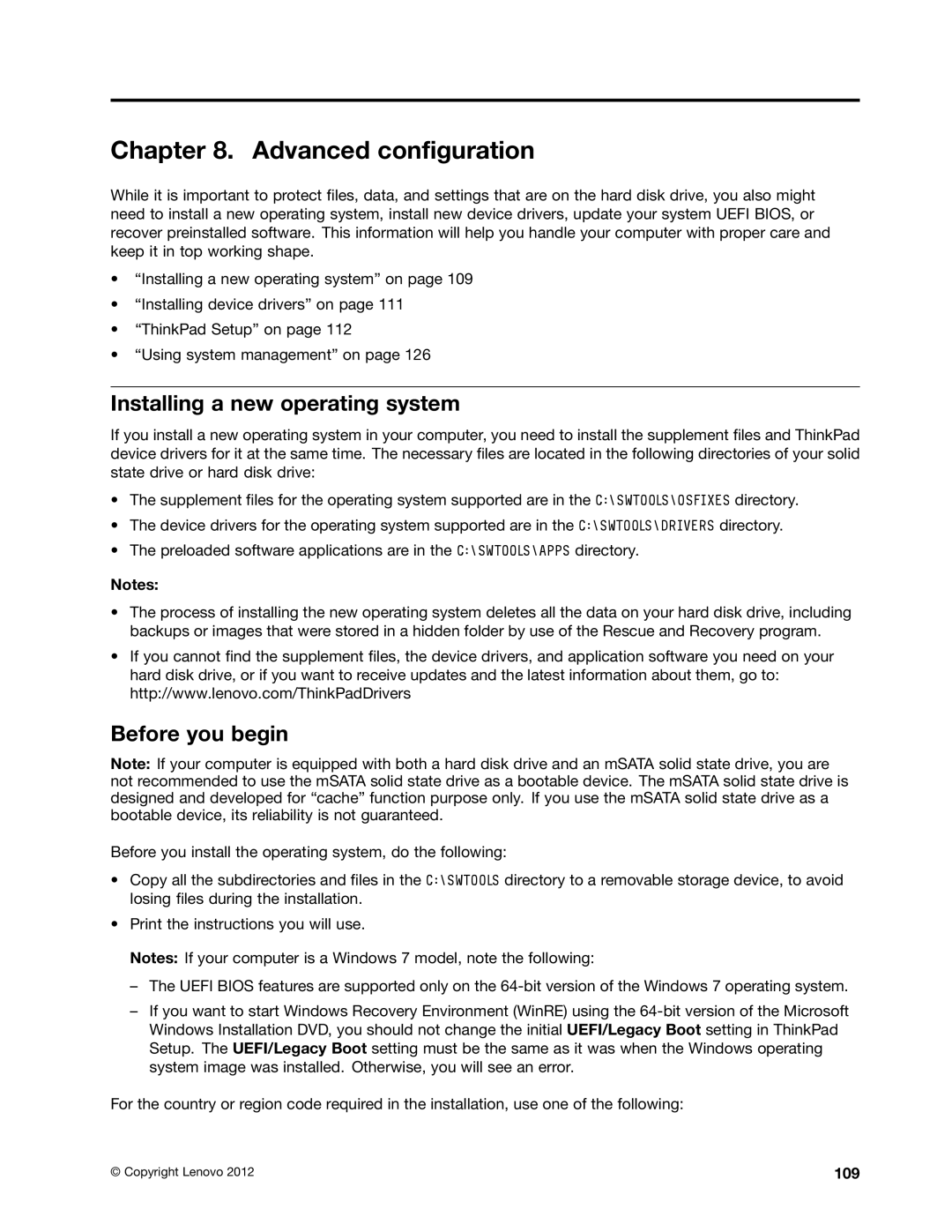 Lenovo 2344BMU manual Advanced configuration, Installing a new operating system, Before you begin, 109 