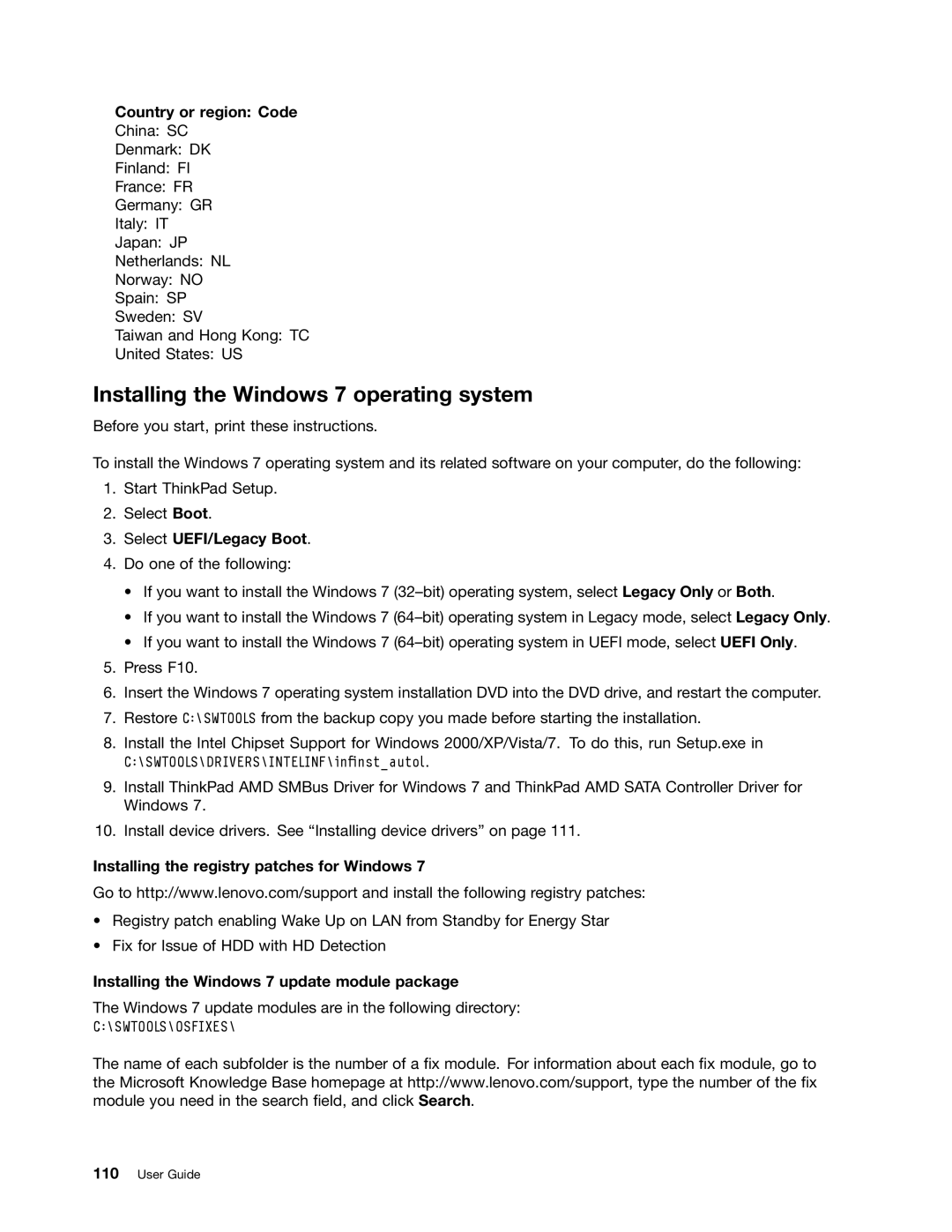 Lenovo 2344BMU manual Installing the Windows 7 operating system, Country or region Code, Select UEFI/Legacy Boot 