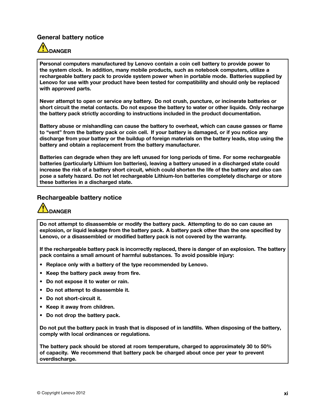 Lenovo 2344BMU manual General battery notice, Rechargeable battery notice 