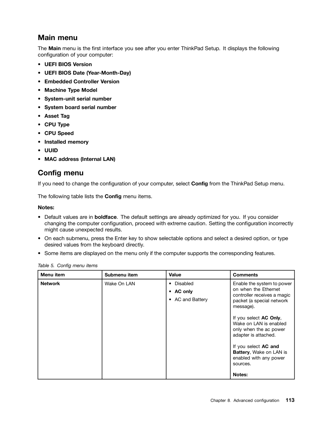 Lenovo 2344BMU Main menu, Config menu, MAC address Internal LAN, Menu item Submenu item Value Comments Network, AC only 