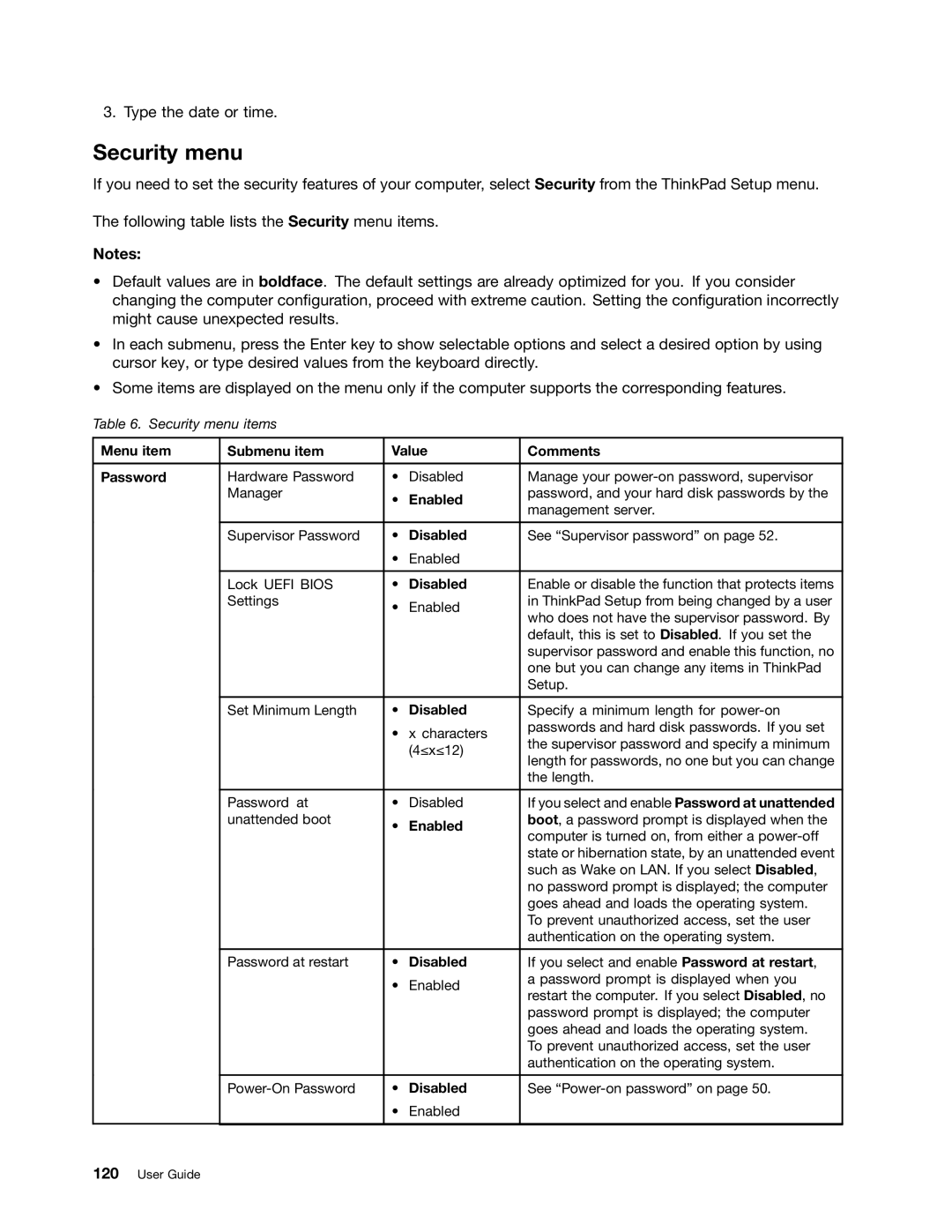 Lenovo 2344BMU manual Security menu, Menu item Submenu item Value Comments Password 