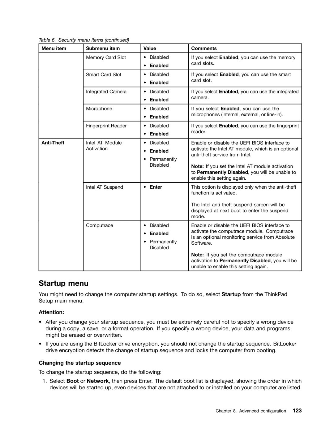 Lenovo 2344BMU manual Startup menu, Changing the startup sequence, Anti-Theft 