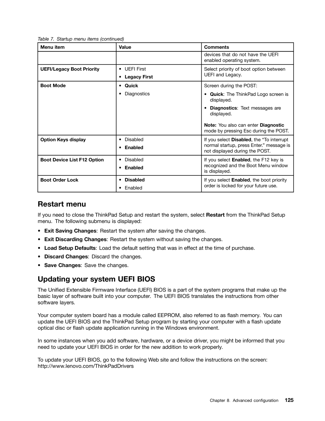 Lenovo 2344BMU manual Restart menu, Updating your system Uefi Bios 
